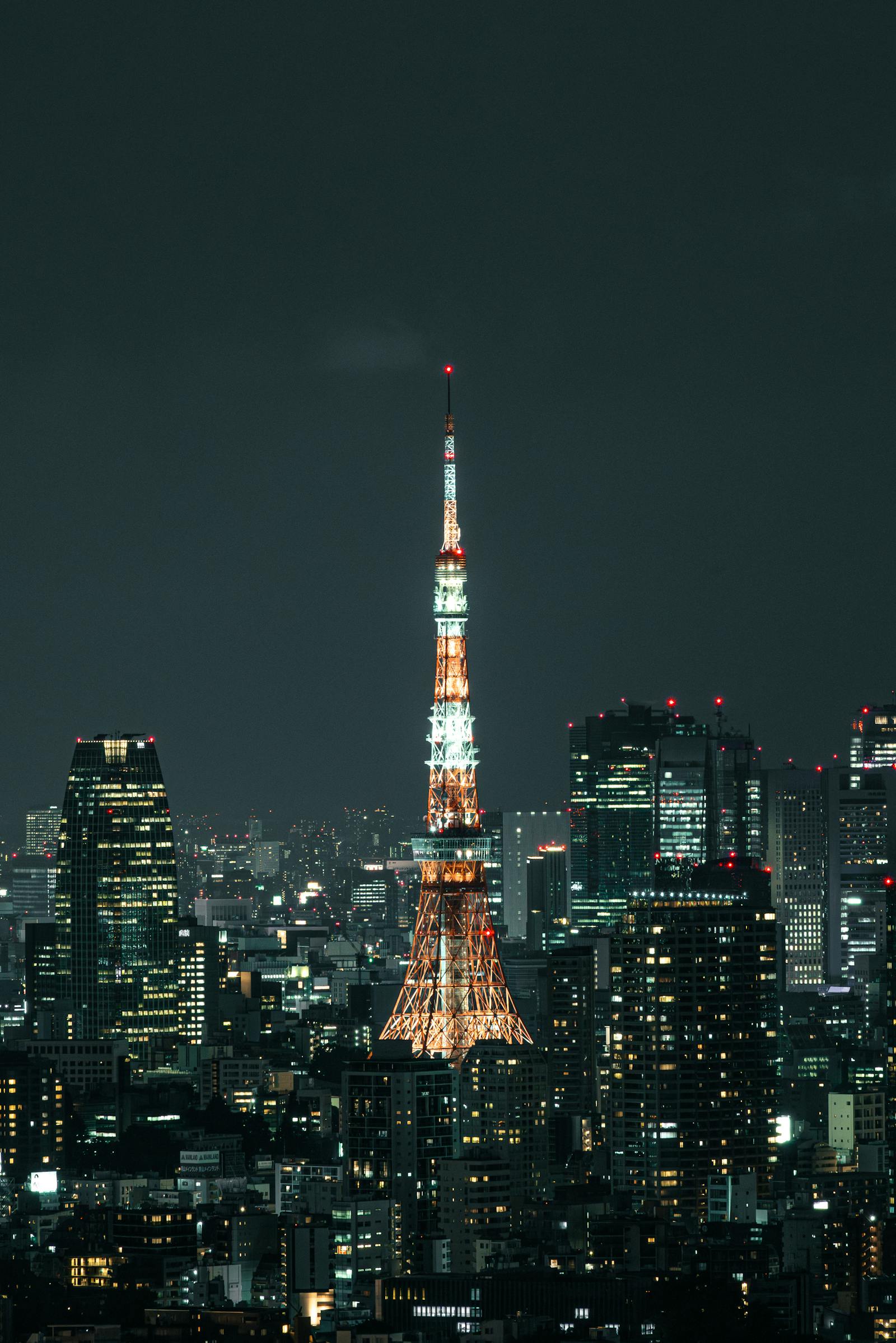 La Torre de Tokio iluminada de noche con el skyline de Tokio detrás — el escenario de la Ruta D