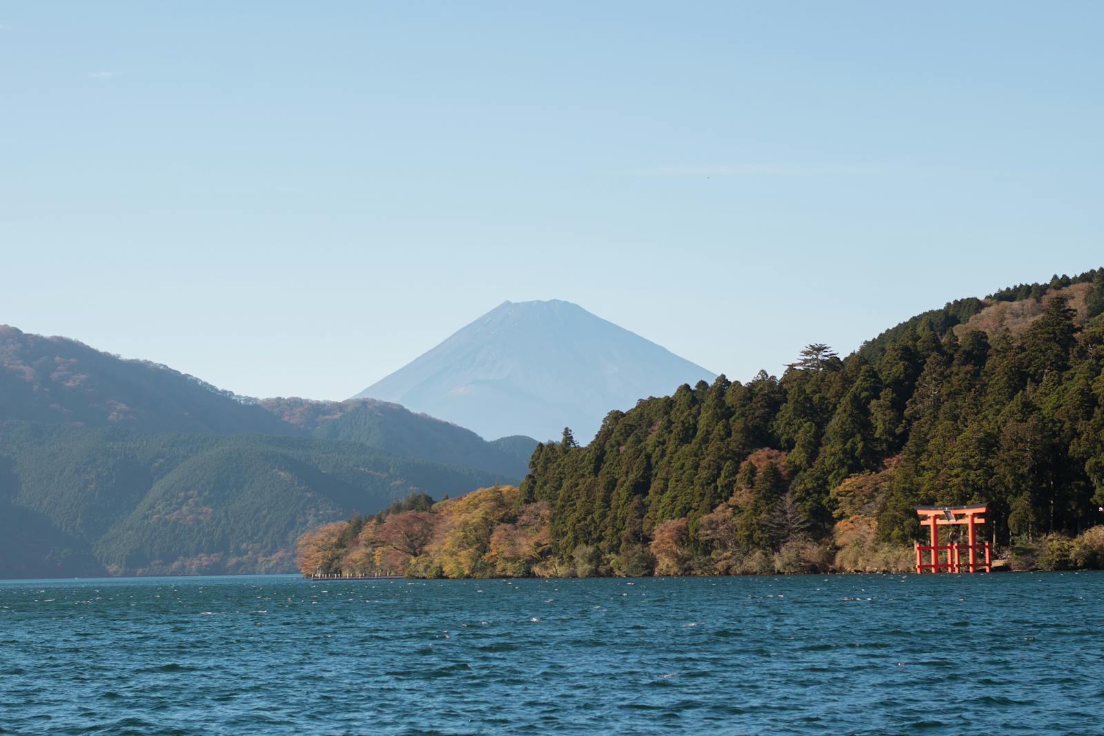 Mt. Fuji rising behind the red torii gate of Hakone Shrine at Lake Ashi — a typical Route A photo stop