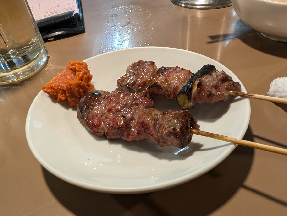Grilled yakitori skewers served at a Shinjuku izakaya