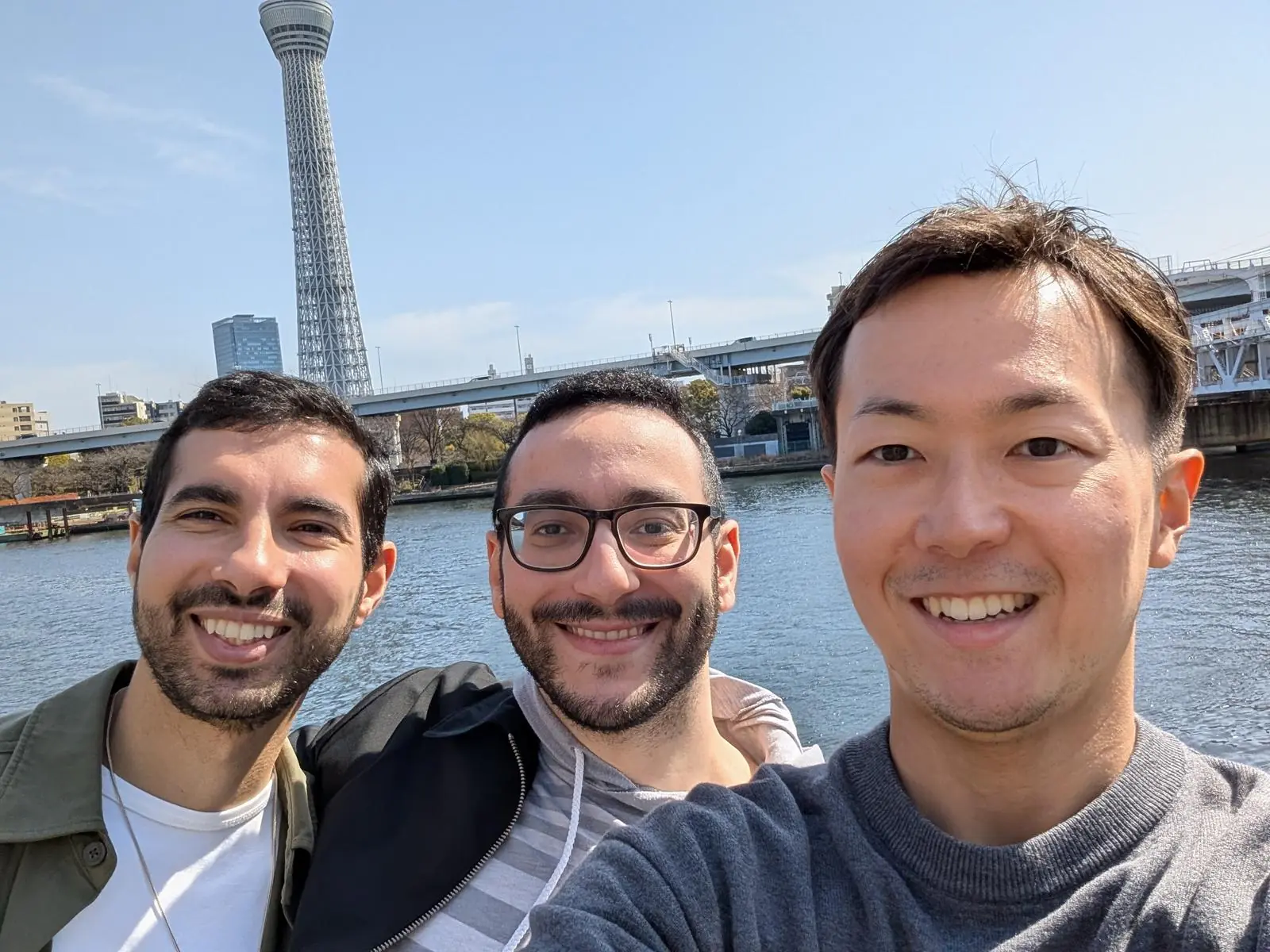 Selfie with guests near Tokyo Skytree by the Sumida River